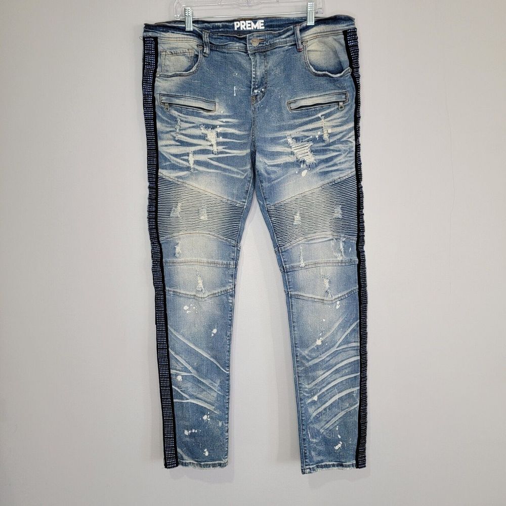 Preme Blue Jeans Men's 40x34 Blue Rhinestone Striped Distressed Moto‎